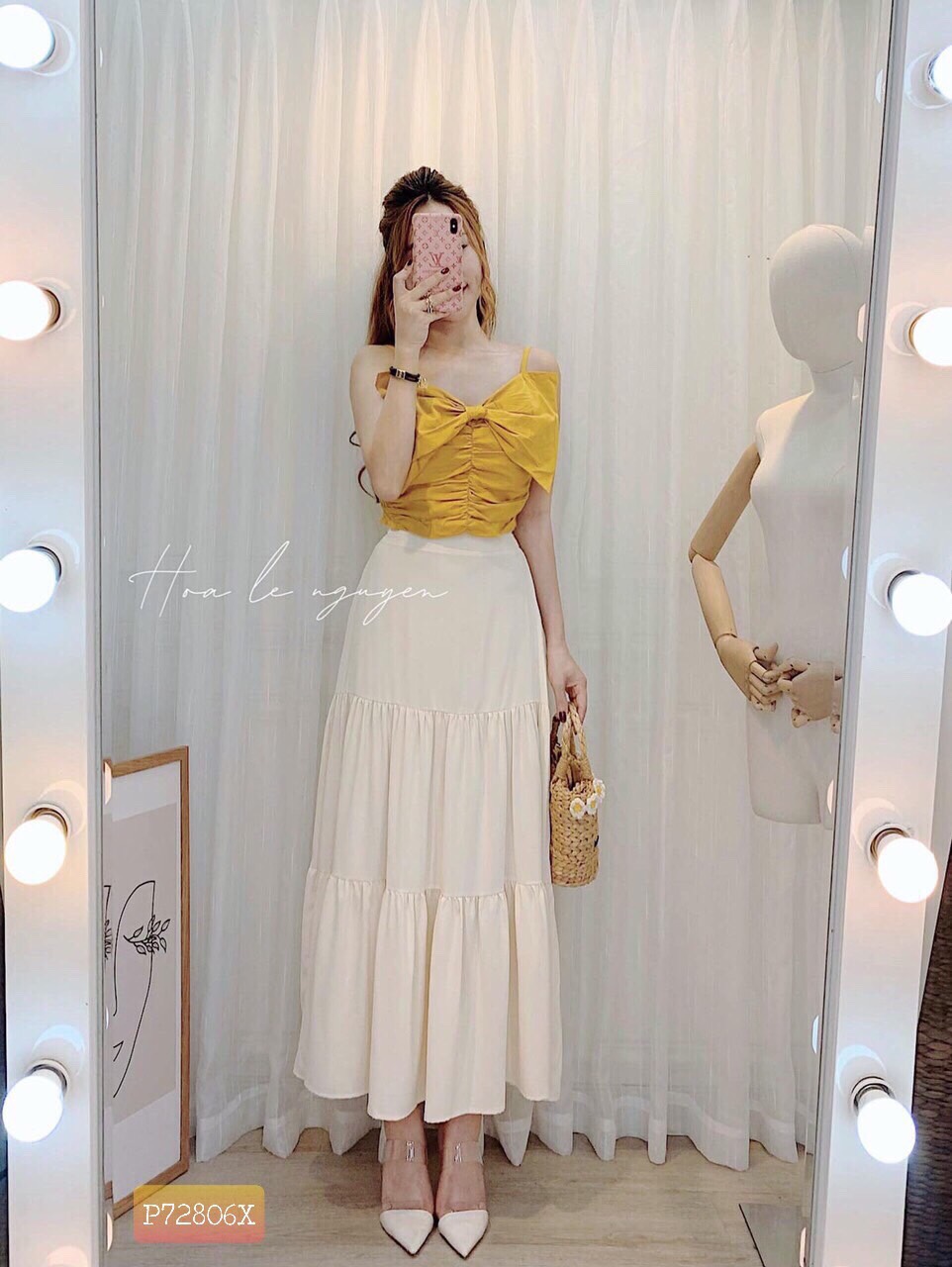 Set áo crop nơ hai dây chân váy maxi