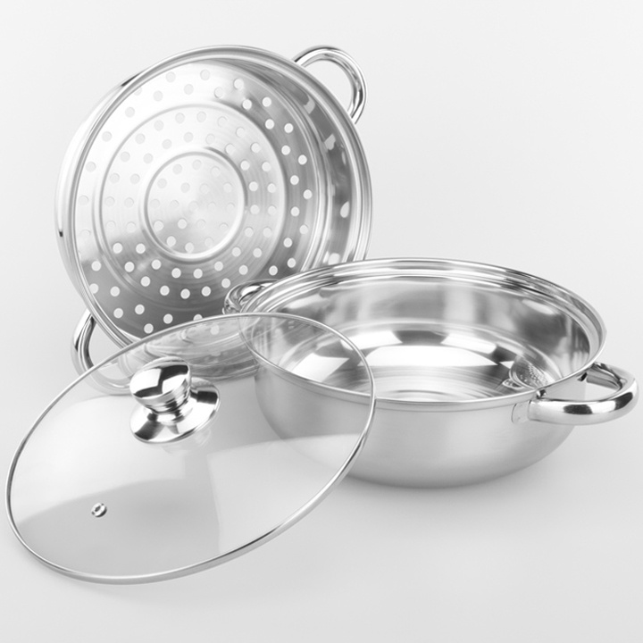 Nồi hấp inox 2 tầng nắp thủy tinh 28 cm - nồi inox đa năng 28 cm
