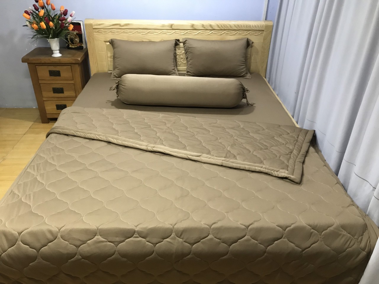 Bộ Ga Gối 4 Món Thun Lạnh Hàn Quốc Màu Nâu Tây - Chăn Ga Gối Thun Lạnh Hàn Quốc