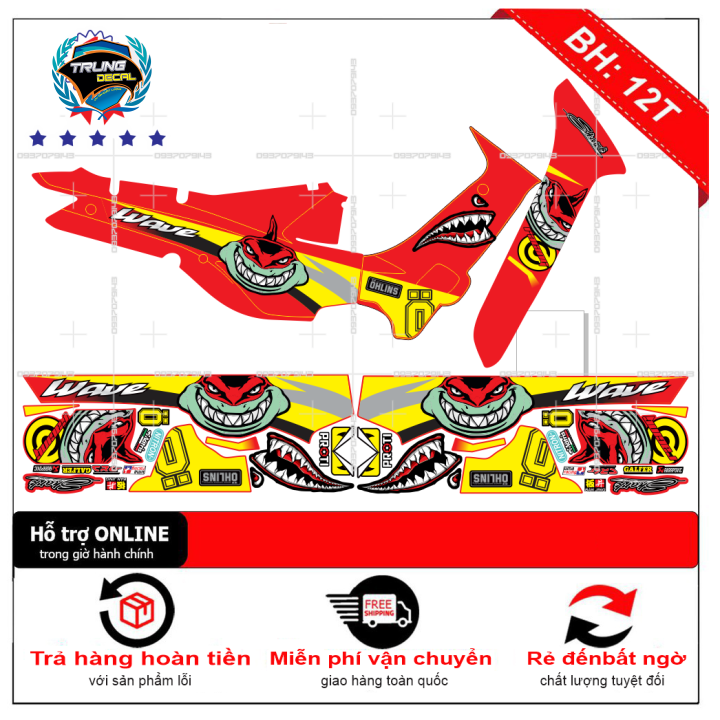 Tem rời xe wave nhỏ đời đầu cá mập dán xe đỏ