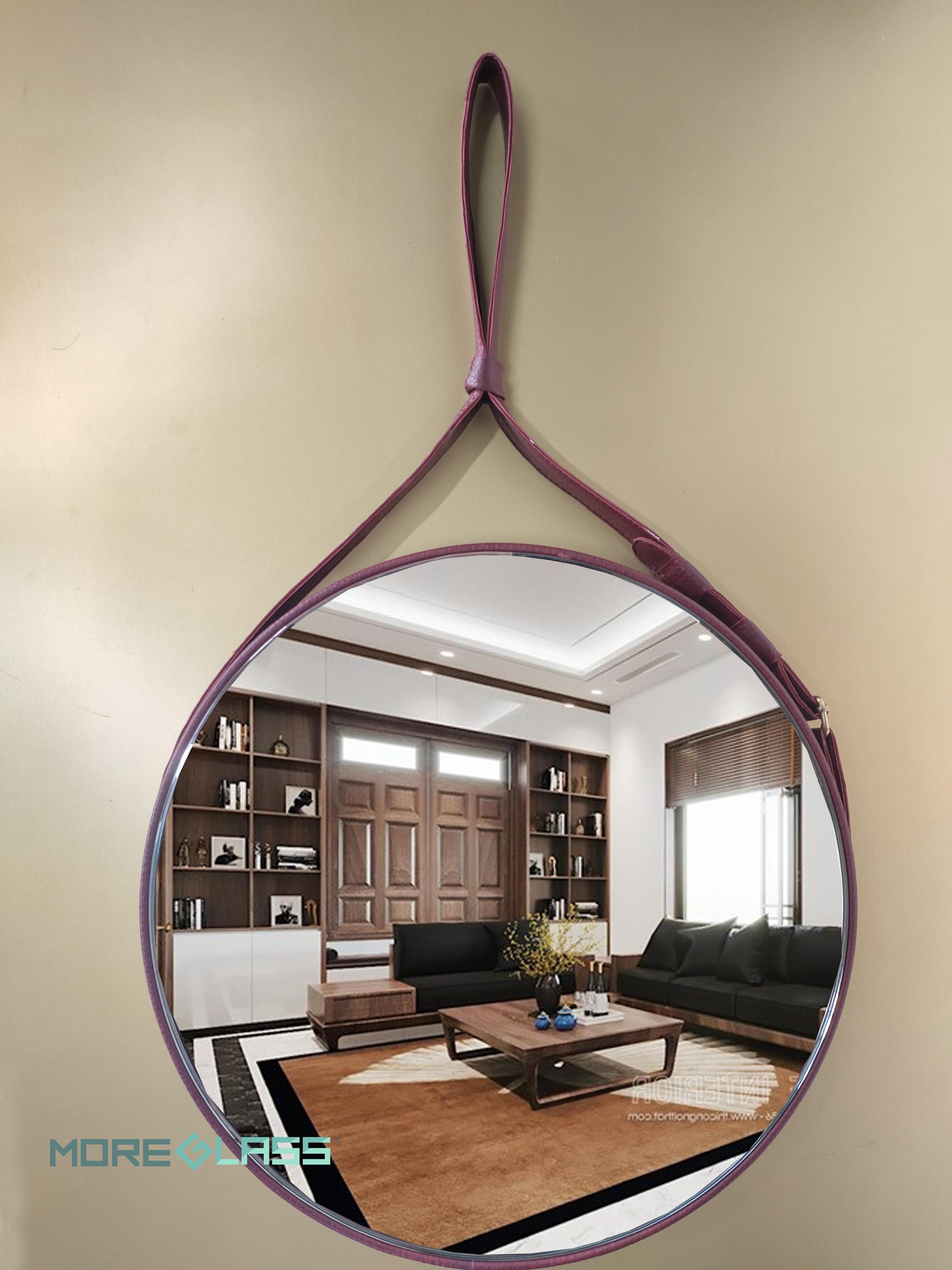 Gương tròn treo tường dây da nâu đỏ D80 - Gương trang trí spa - Gương treo tường salon [Ảnh thật]