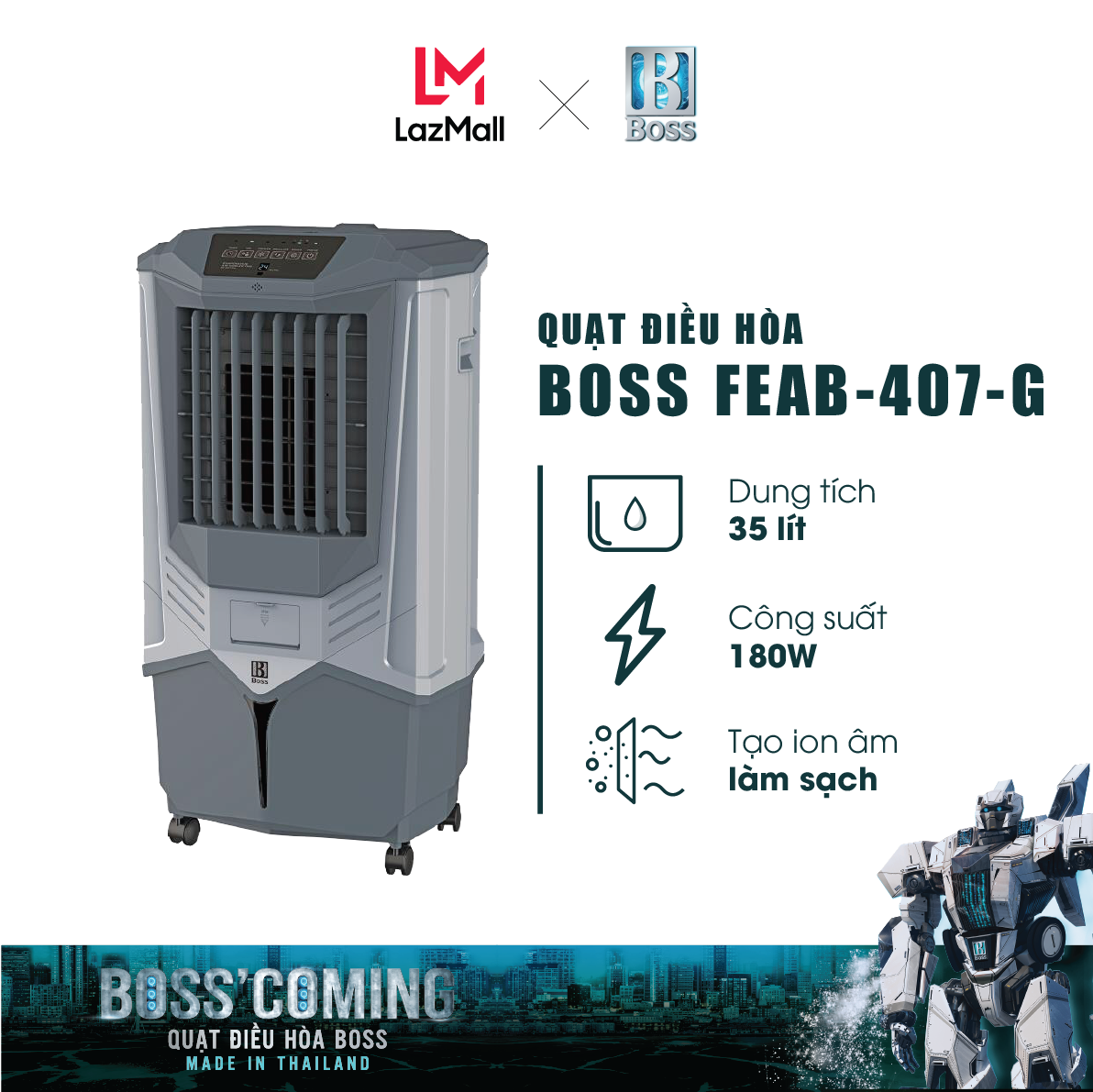 [Trả góp 0%]Quạt điều hòa Boss FEAB-407-G - 35 lít - 180W | Bảo hành 12 tháng chính hãng | Made in Thailand