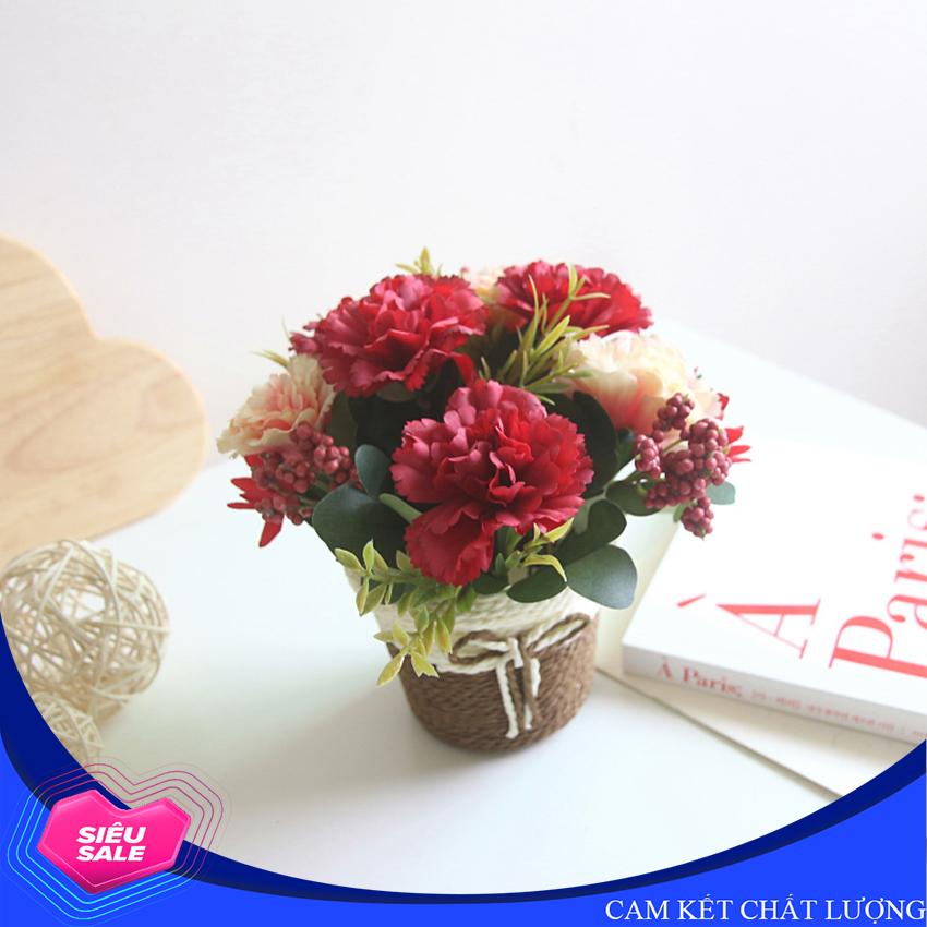 [HF002] Chậu hoa cẩm chướng giả trang trí để bàn, hoa được làm bằng nhựa có độ bền cao, chậu hoa bằng mây đẹp mắt - HF002 (nhiều màu lựa chọn)