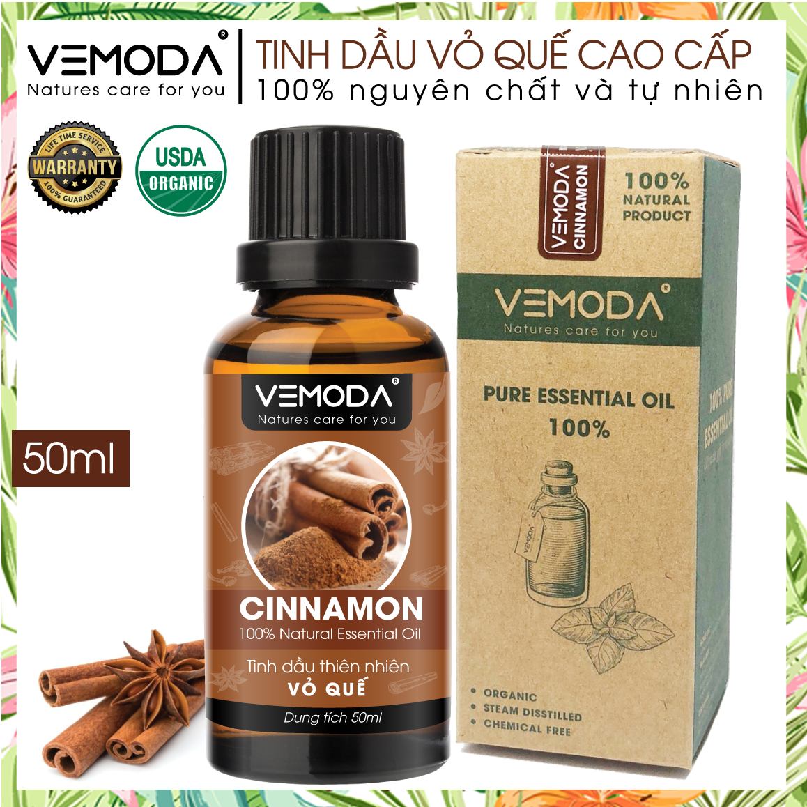 Tinh dầu Vỏ quế cao cấp Vemoda 50ML| Cinnamon Essential Oil. Tinh dầu xông phòng. Tinh dầu thơm phòng mùi hương Vỏ Quế giúp thư giãn, giảm stress, khử mùi, tạo không gian ấm áp. Tinh dầu thiền định, tăng khả năng tập trung