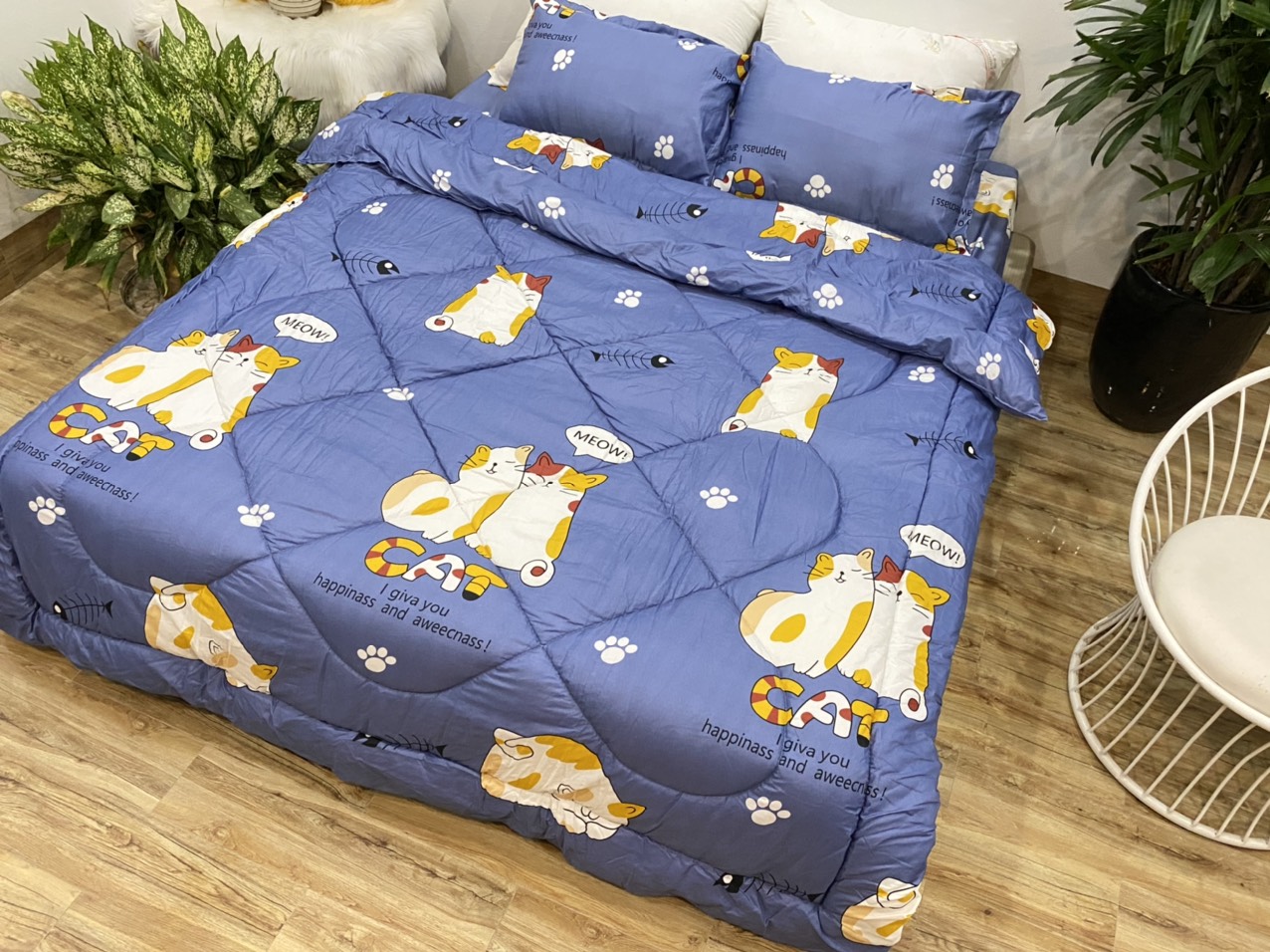 Chăn phao siêu nhẹ cực ấm 1m8x2m mẫu mèo xanh