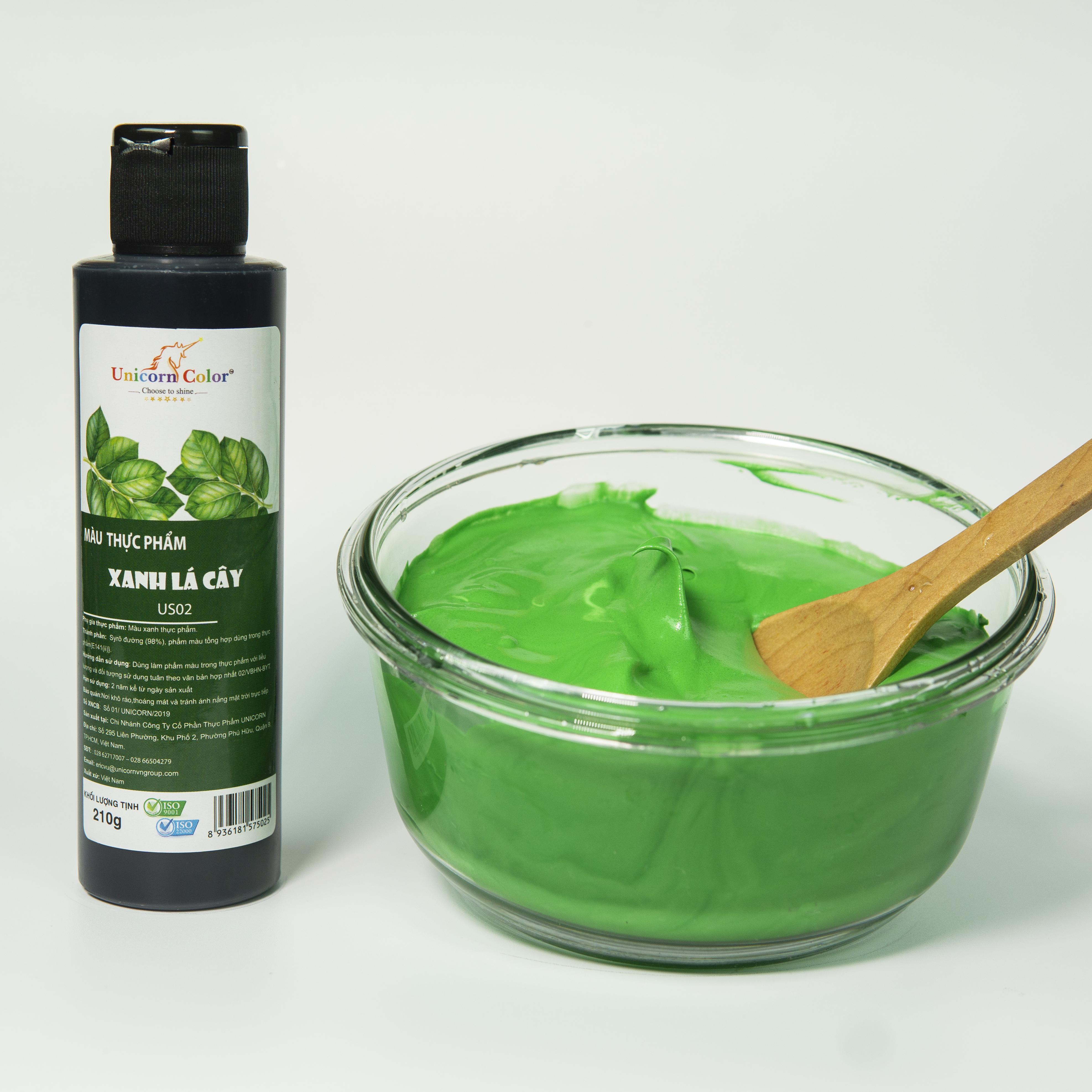 Màu thực phẩm Siro UNICORN  Không đắng - Màu xanh lá cây A02 lọ 210gr - Chuyên dụng trong bánh kem, bánh kẹo, món ăn, đồ uống... đạt đạt tiêu chuẩn ISO22000:2018
