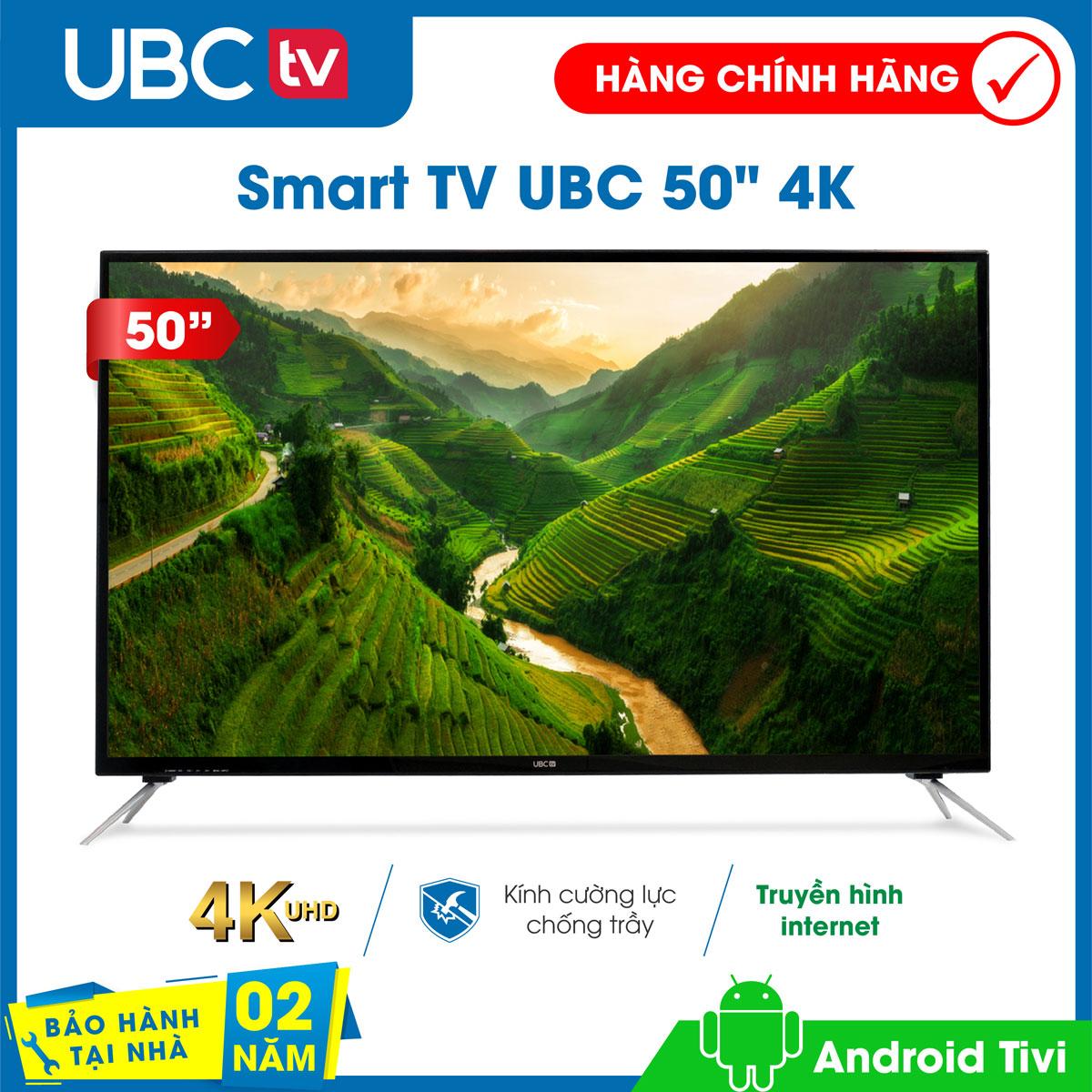 Smart tivi UBC 4K 50 inch Android tùy biến UX 9.0 Tràn Viền, Model 50P800C, tính năng bảo vệ trẻ em , màn hình kính cường lực, công nghệ dò kênh tự động Free-to-Air, âm thanh Dolby
