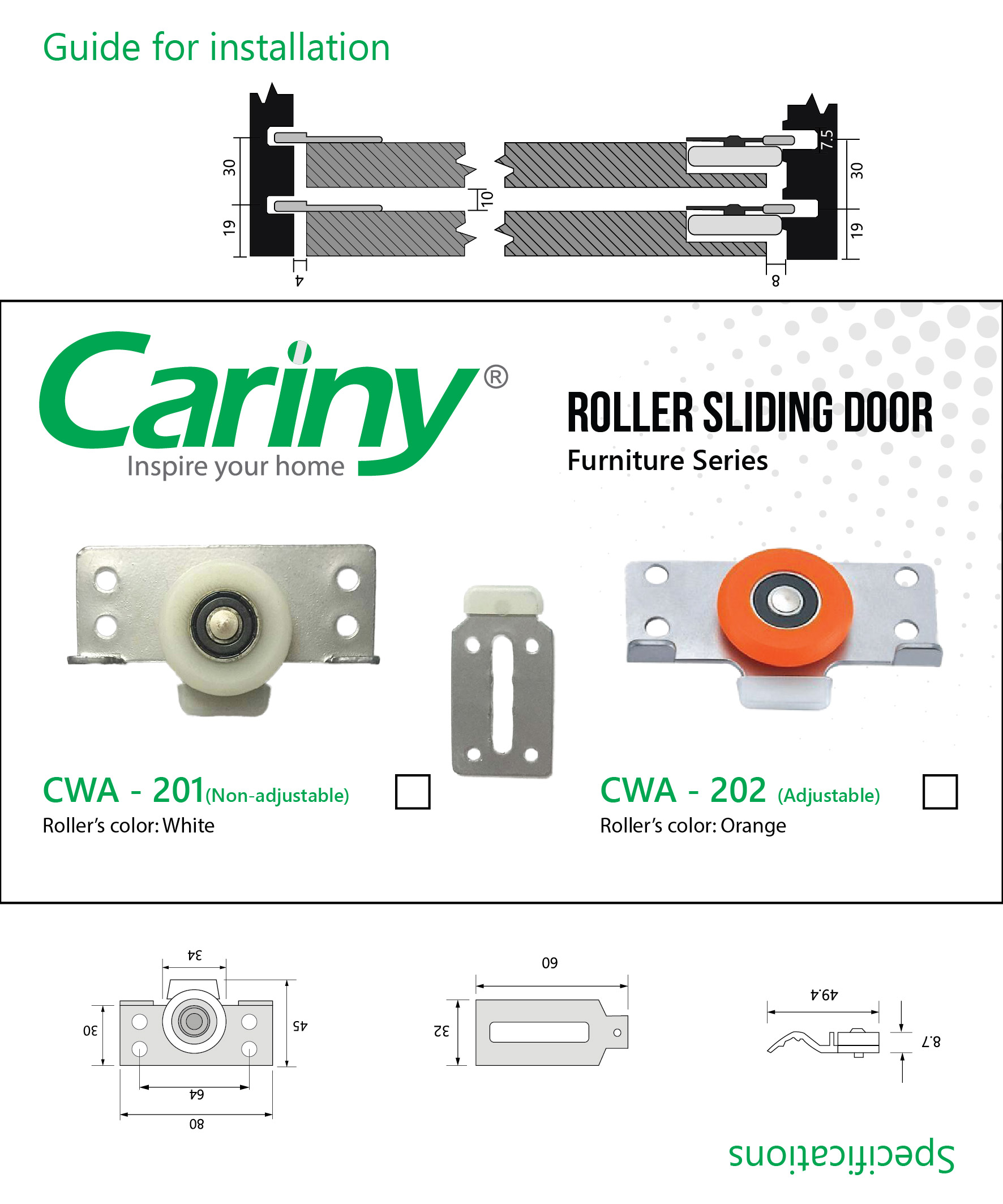 Bánh xe cửa lùa Cariny CWA-201 CWA-202