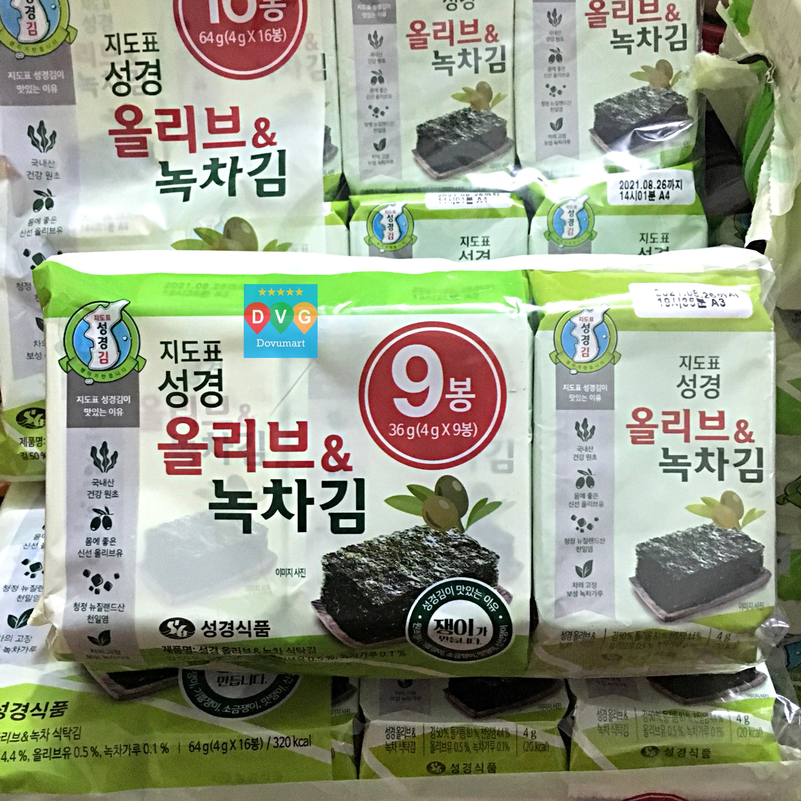 Lá Kim Ăn Liền Vị Trà Xanh Và Oliu Hàn Quốc Sung Gyung 36g (4g x 9 gói)