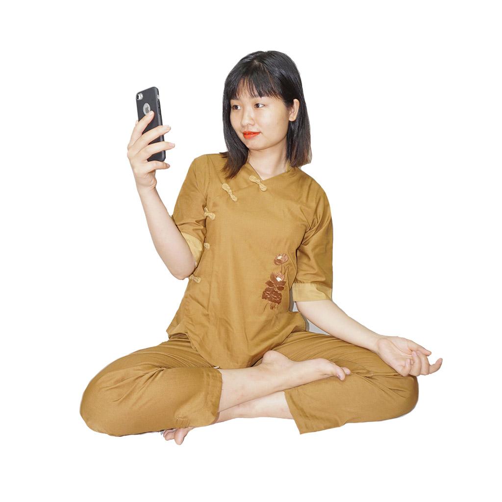 Bộ đi chùa, đồ lam đi chùa Cài chéo cúc bông vải Kate Polin cao cấp - BCC1AN (Ảnh thật + Video)