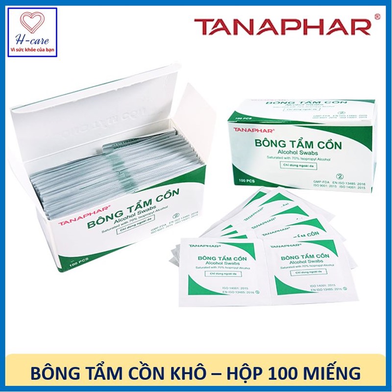 Bông gạc tẩm cồn y tế Cồn Sát Khuẩn Tanaphar, tiệt trùng sát khuẩn, lau rửa tay khô, vết thương và đồ vật, hộp 100 miếng, chính hãng Dược Tân Á [TBYT H-Care]