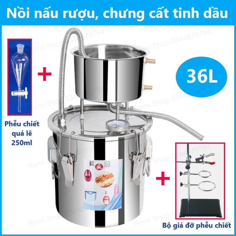 Bộ nồi nấu rượu INOX 36L (tặng bộ giá đỡ và phễu chiết máy bơm mini bộ đo độ rượu 3 loại men rượu) nồi chưng cất tinh dầu nước hoa hồng đa năng 36cm dùng với bếp điện từ bếp gas than củi Nồi hấp xôi ủ lên men rượu nồi luộc gà
