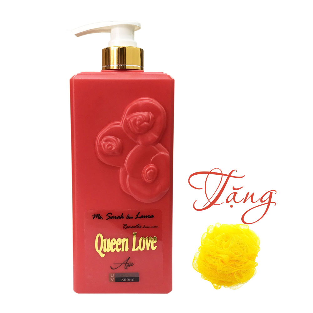 Sữa tắm Queen Love 800ml chống nắng dưỡng da tinh chất hoa hồng đỏ tặng kèm bông tắm mini