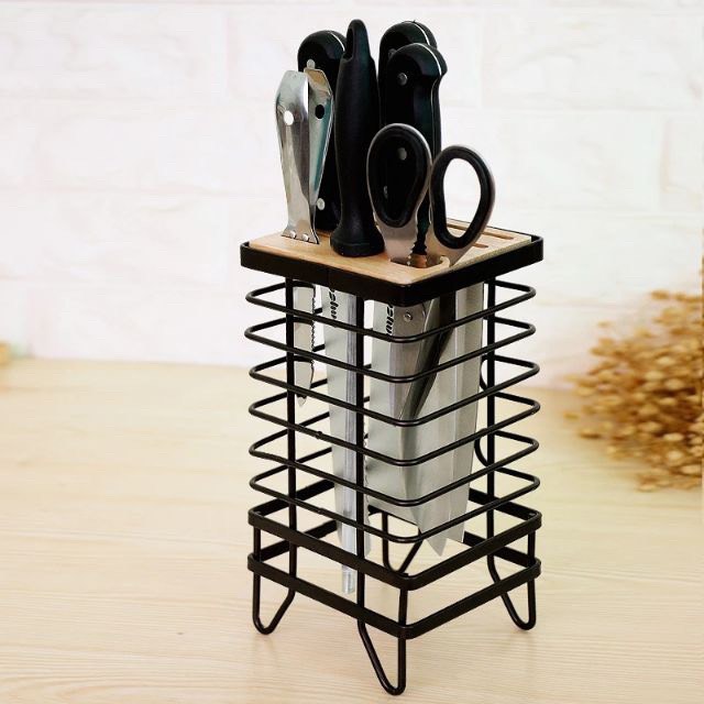 kệ cắm dao bằng săt sơn chống rỉ, mặt gỗ chắc chắn Cao Cấp Thiết Kế Mới