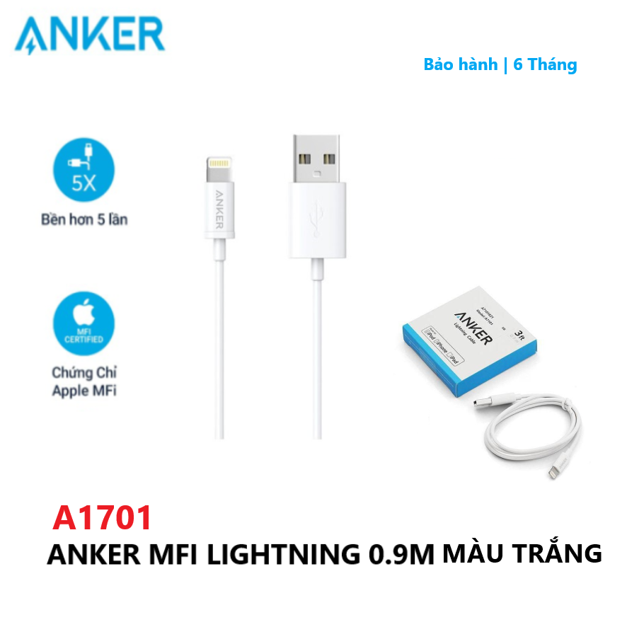 Dây cáp sạc lightning chuẩn mfi anker 0.9m dành cho iphone , chứng nhận mfi cho iphone, ipad - a7101