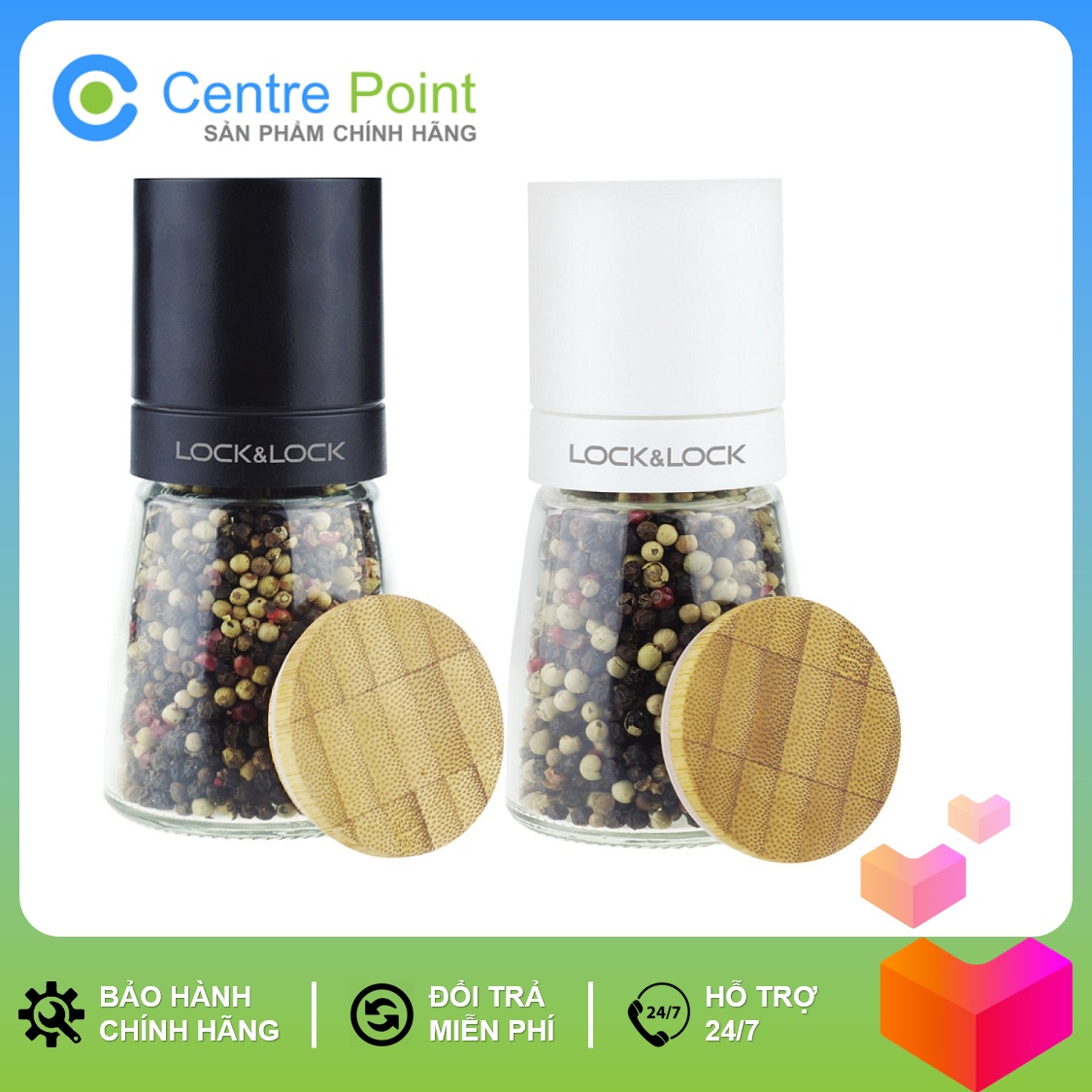 Hũ xay tiêu/ Cối xay tiêu thủy tinh Lock&Lock CKO115 - Dung tích 140ml - Lưỡi sứ nắp gỗ sồi