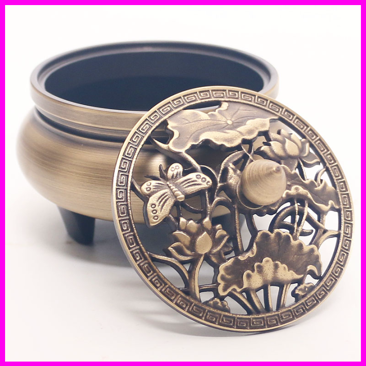 Lư xông trầm hương bằng Đồng nguyên khối - Lư đốt trầm hoạt tiết hoa sen - Lazi HOME