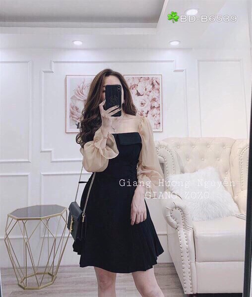Đầm đen phối tay phồng đui cá