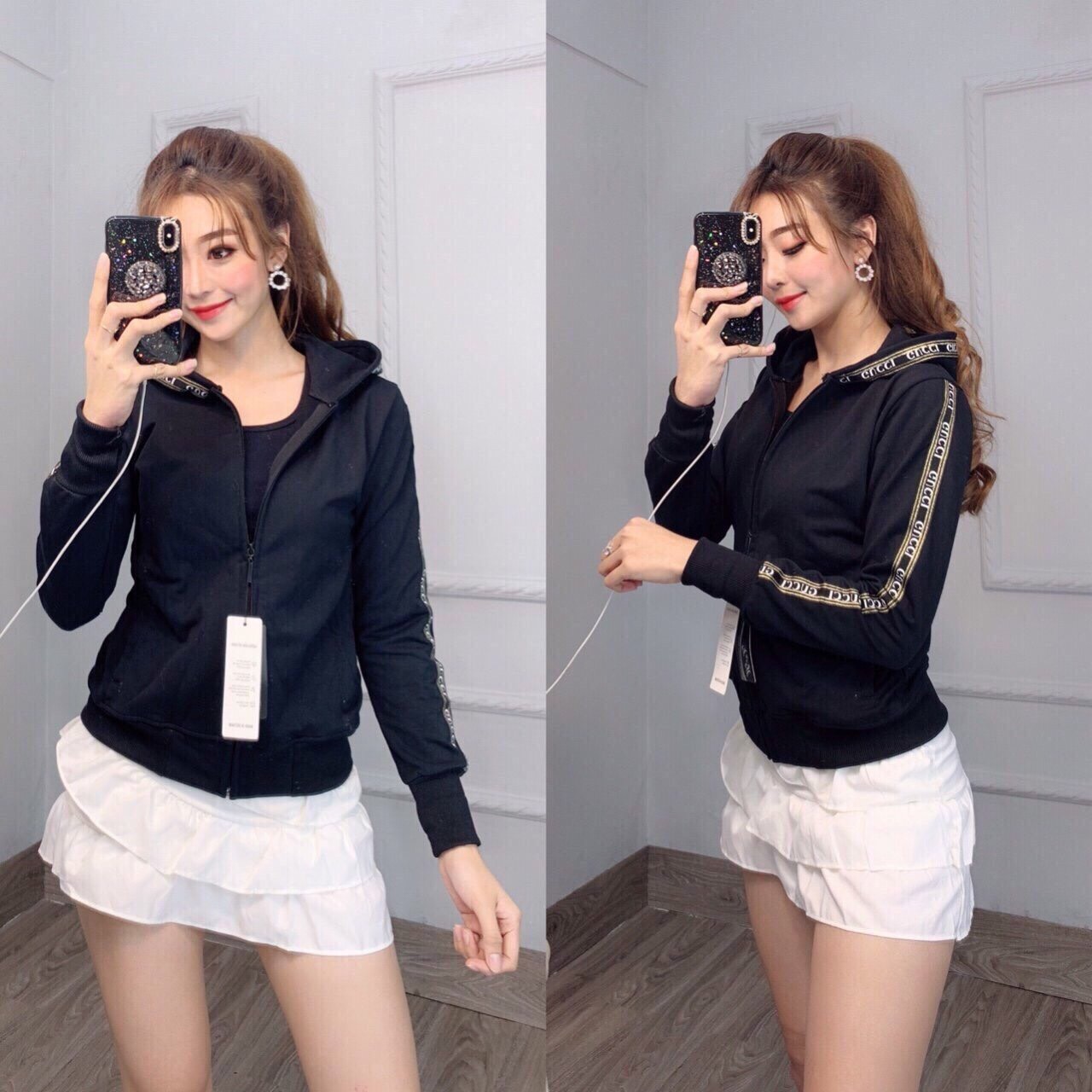 Áo khoác chống nắng nữ thun da cá có nón viền tay