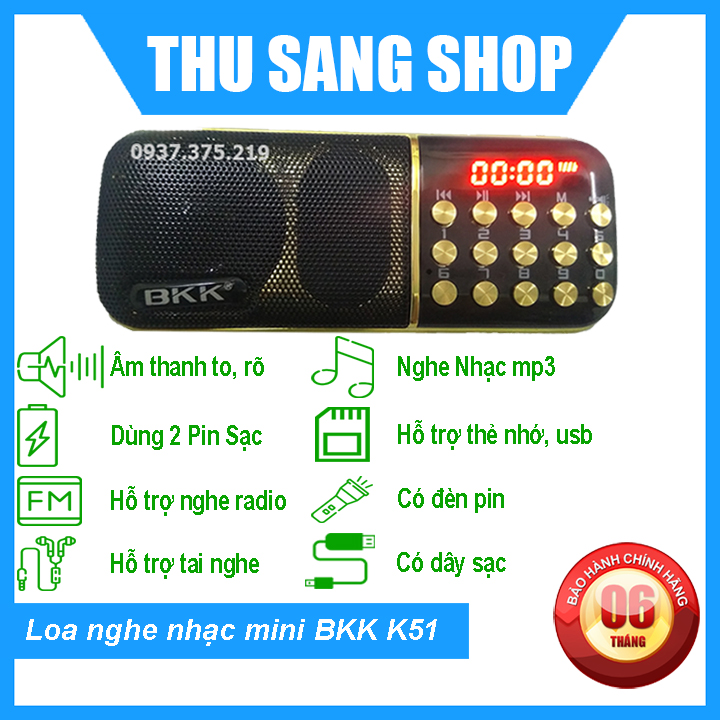 Loa nghe nhạc mini BKK K51 chính hãng sử dụng 2 PIN nghe nhạc bằng thẻ nhớ rất lâu và có đèn pin siêu sáng