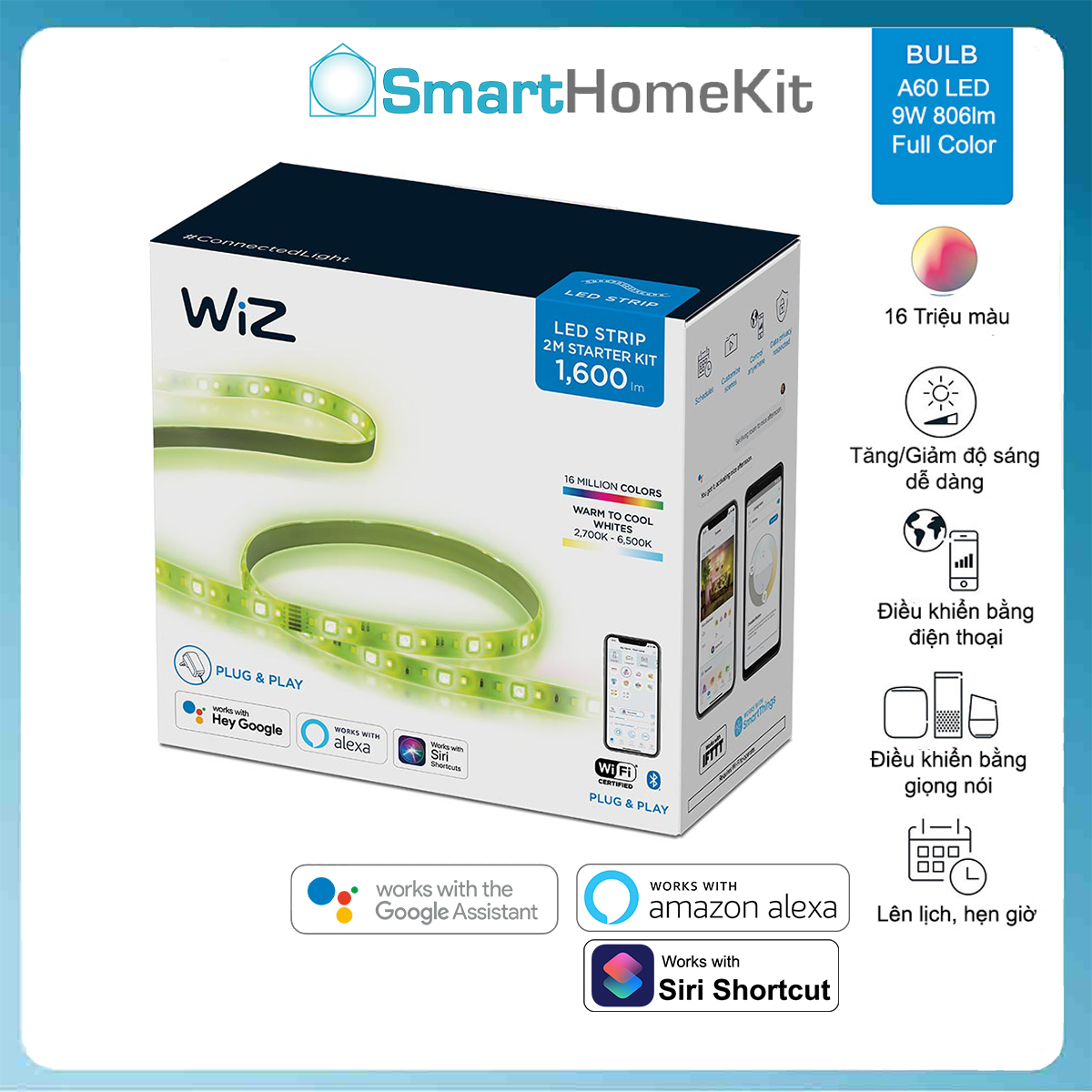 Đèn LED dây Philips WiZ Lightstrip Starter Kit 2m Full Color 16 triệu màu - Kết nối WiFi - Hàng Phân Phối Chính Hãng