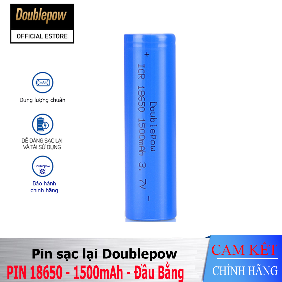 Pin sạc Lithium 18650 - 1500mAh đầu bằng Doublepow, pin dung lượng thực (01 viên)