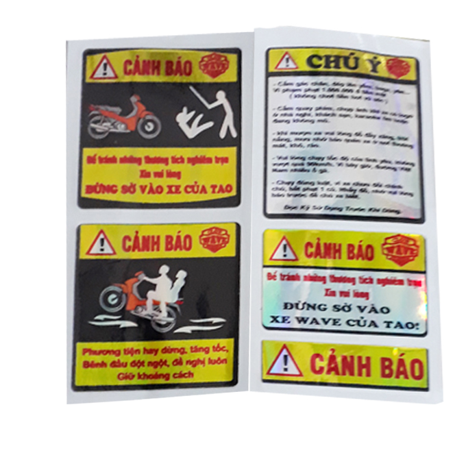 Tem decan 4 miếng Cảnh Báo như hình dán xe máy, ô tô loại tem decan dán xe nổi màu vàng bóng