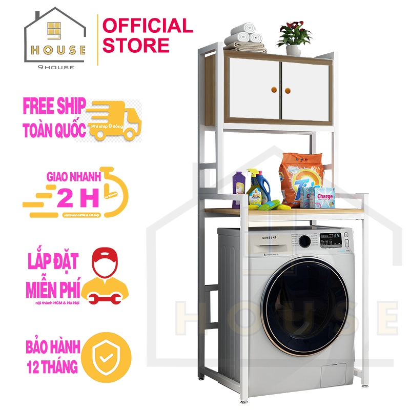 Kệ máy giặt 2 tầng có tủ 9HOUSE mã KMG06 loại kệ để máy giặt cửa trước kèm để lò vi sóng nước giặt khung thép dày dặn sơn tĩnh điện chống rỉ chịu lực cao gỗ lõi xanh phủ melamine chống nước sản xuất tại Việt Nam