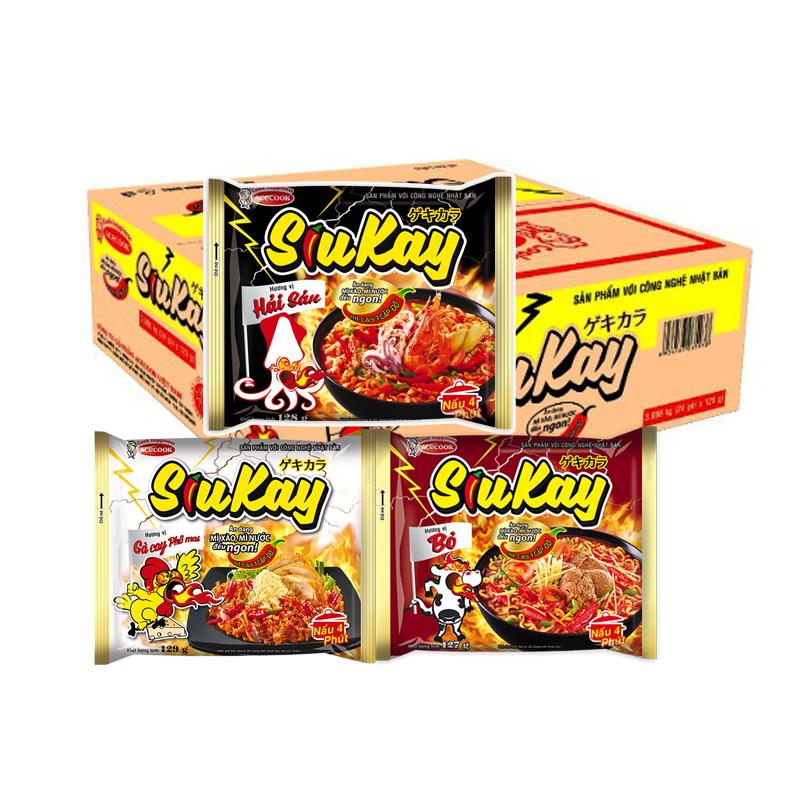 Thùng 24 gói mì siukay 128gr mix 3 vị hải sản - bò - pho mai