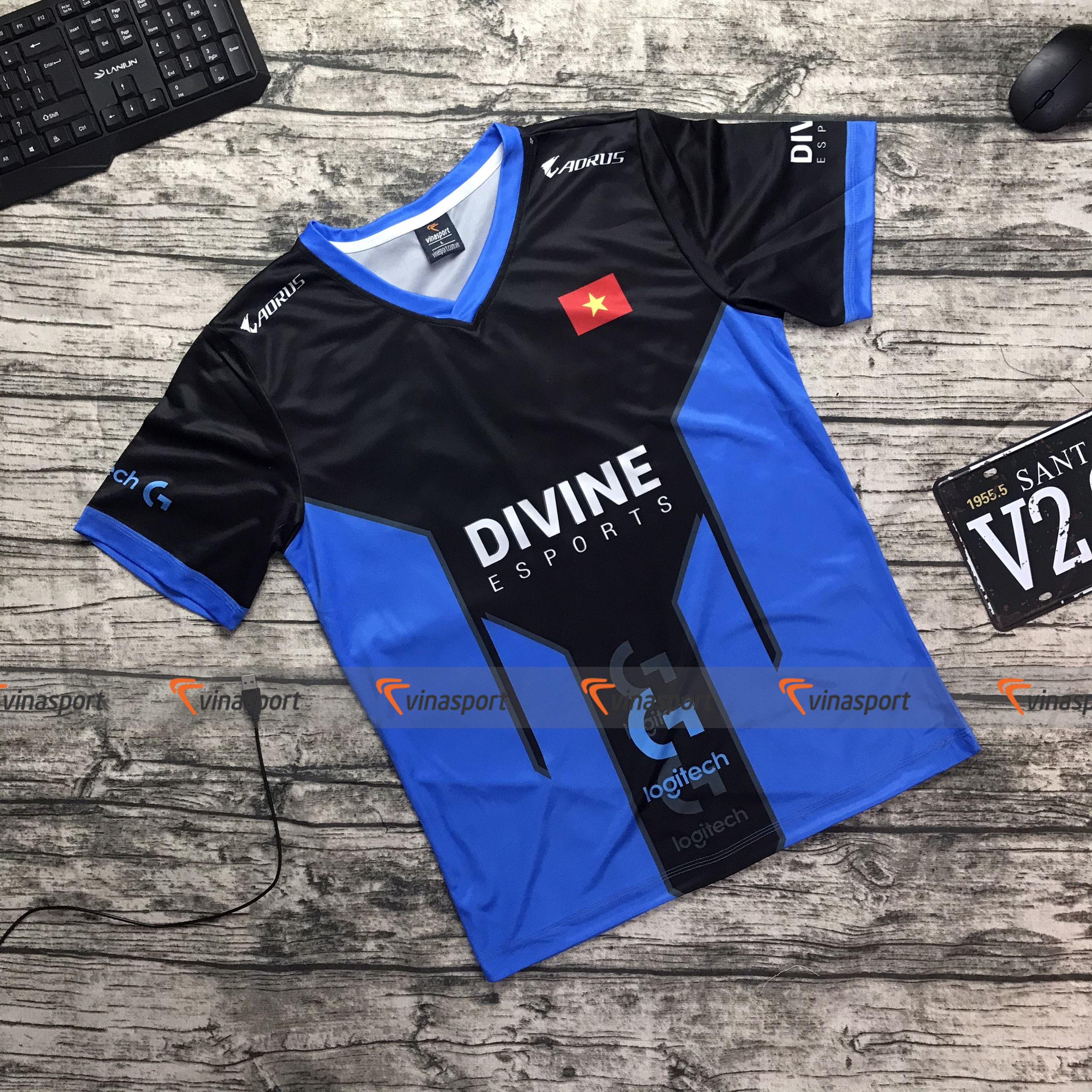 Áo thun thi đấu Thời trang nam Game Esports - Mẫu DIVINE 2020 màu xanh đen dáng suông, vải thun mè co dãn, thấm hút mồ hôi tốt
