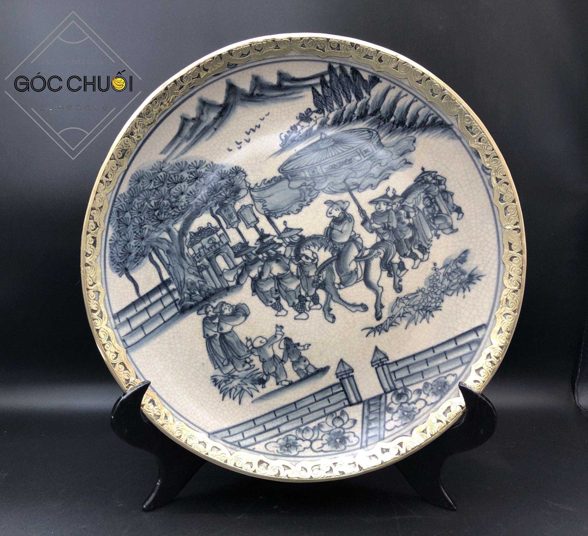 Đĩa trưng bày gốm giả cổ men rạn bọc đồng - gốm Bát Tràng - nhiều họa tiết - kích thước 26cm