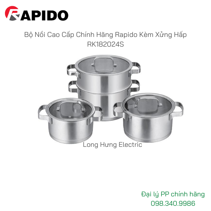 Bộ nồi cao cấp chính hãng rapido kèm xửng hấp rk182024s-1- bo noi xung hap rapido