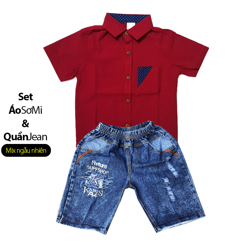 Set gồm áo sơ mi và quần jean cho bé mẫu và màu ngẫu nhiên size từ 7-33kg, sản phẩm tốt, chất lượng cao và cam kết hàng như hình ảnh