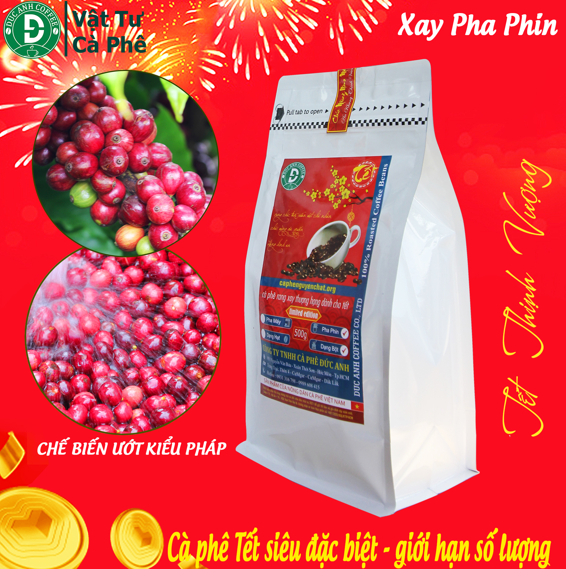 Gói 500g cà phê Tết Thịnh Vượng - 100% cà phê rang mộc nguyên chất - Duc Anh coffee