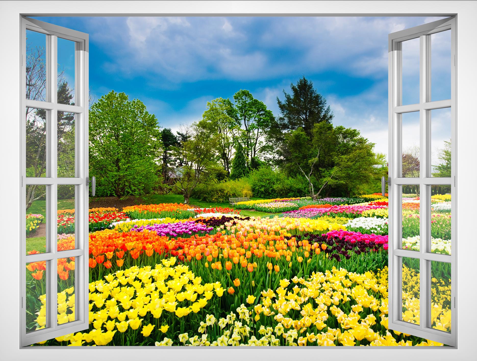  Tranh dán tường cửa sổ cảnh vườn hoa đẹp VT0373 