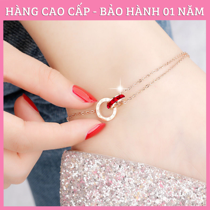 LẮC CHÂN NỮ, VÒNG CHÂN NỮ TITAN KHOEN TRÒN SỐ LA MÃ MÀU HỒNG ĐÁ ĐỎ