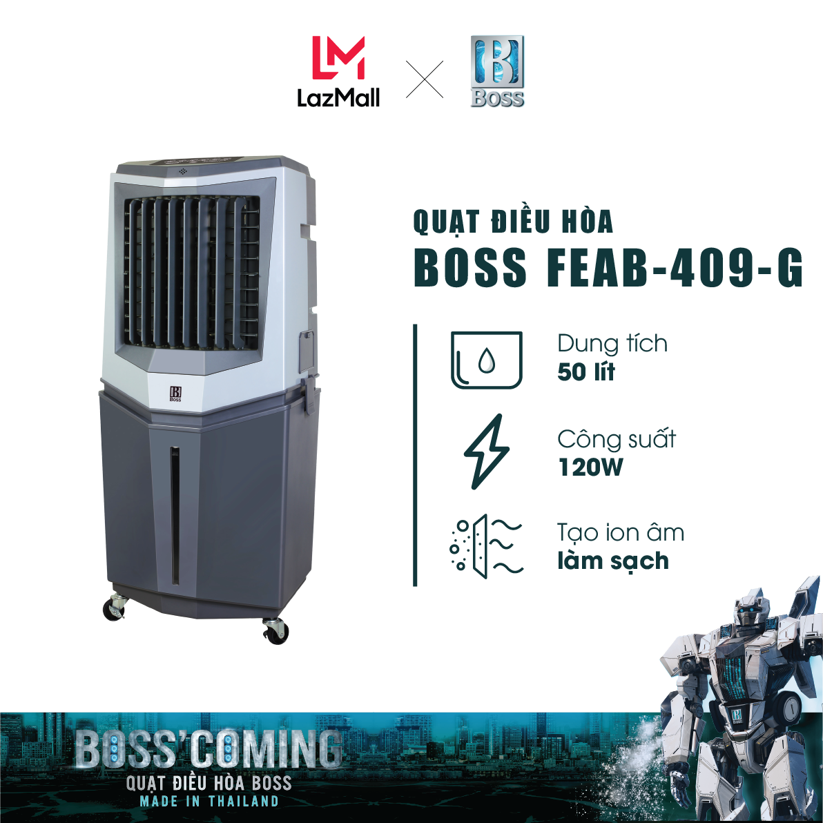 [Trả góp 0%]Quạt điều hòa Boss FEAB-409-G - 50 lít - 120W | Bảo hành 12 tháng chính hãng | Made in Thailand