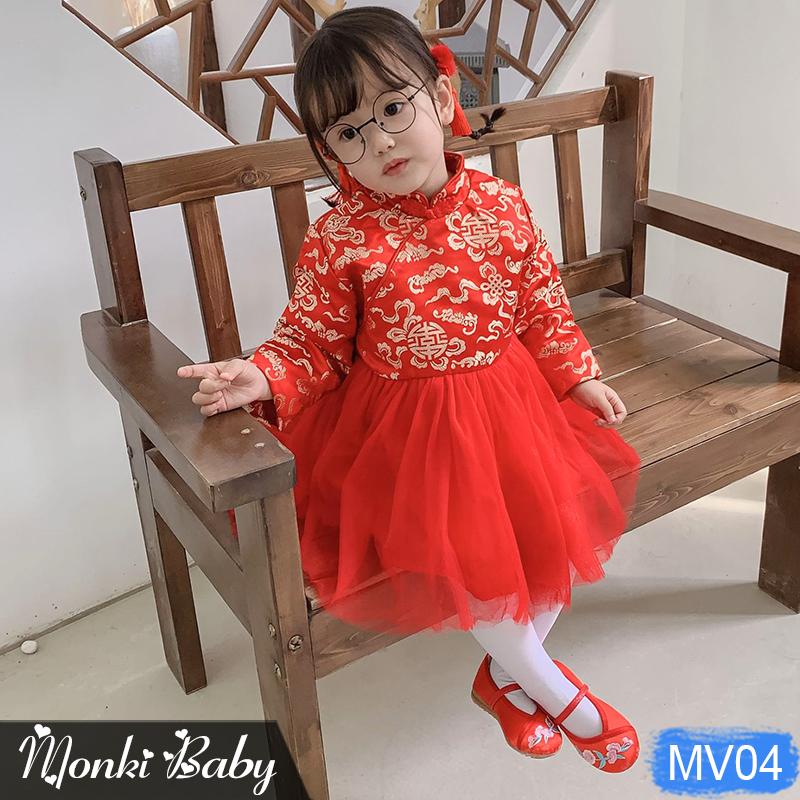 Váy Tết đỏ thêu nổi, lót lông mềm ấm, dáng bồng công chúa cho bé gái