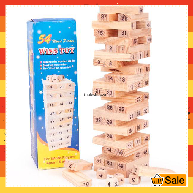 Bộ đồ chơi rút gỗ 54 miếng và 4 xúc xắc giá rẻ làm từ gỗ tự nhiên an toàn