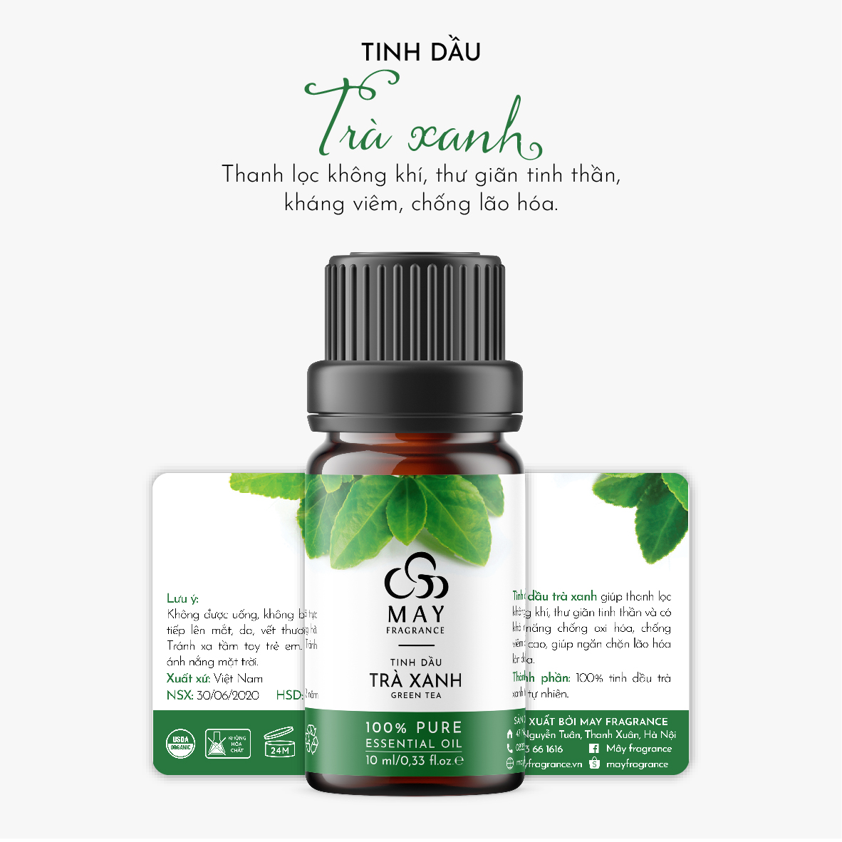Tinh dầu Trà xanh thiên nhiên nguyên chất thơm phòng May Fragrance lọ 10 ml (29 loại) | Có kiểm nghiệm GC - MS