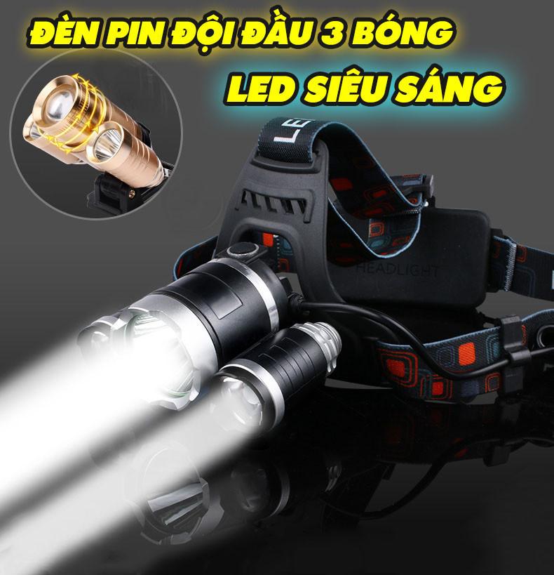 Đèn pin - Đèn pin đội đầu 3 bóng siêu sáng 4 chế độ + 2 pin sạc + 1 bộ sạc + 1 dây đai + 1 hộp đựng