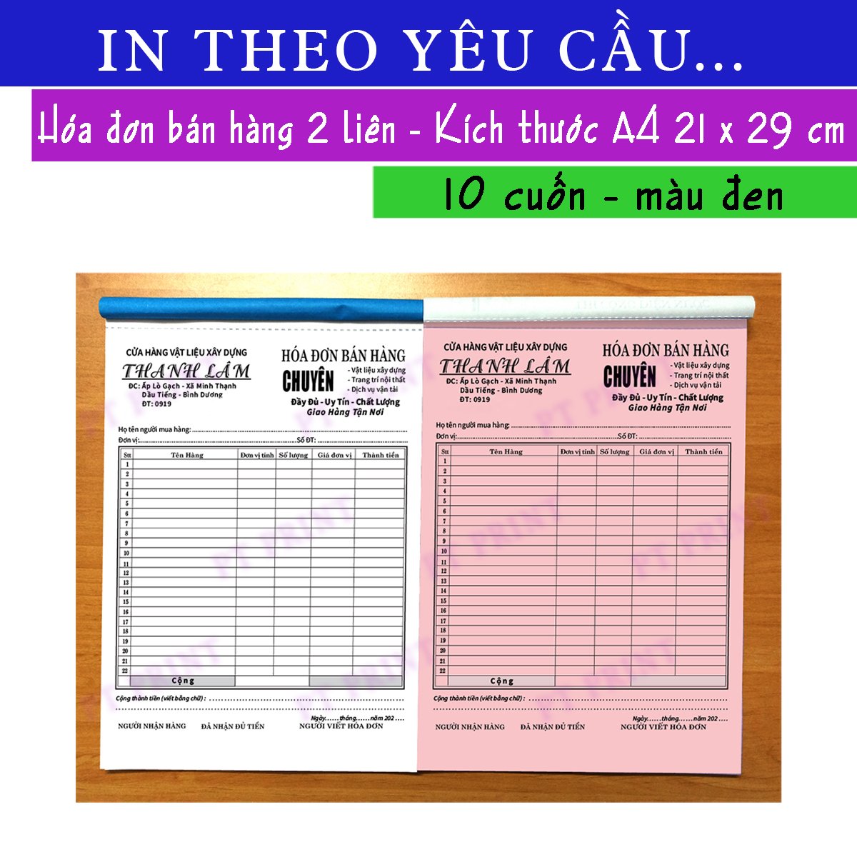 Hóa đơn bán hàng in theo yêu cầu 2 liên kích thước lớn A4 21 x 29 cm in 1 màu 10 cuốn