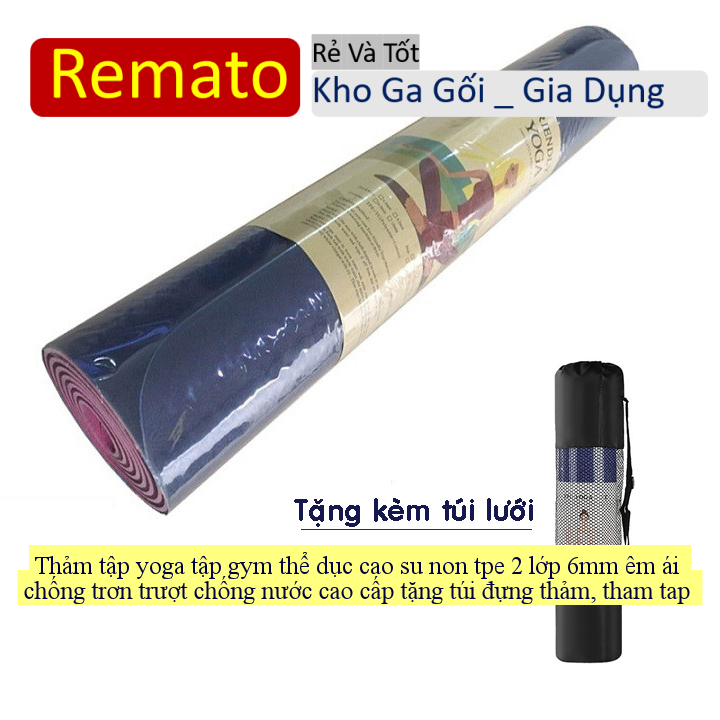 Thảm tập yoga tập gym thể dục cao su non tpe 2 lớp 6mm êm ái chống trơn trượt chống nước cao cấp tặng túi đựng thảm, tham tap yoga bst2581  - Remato
