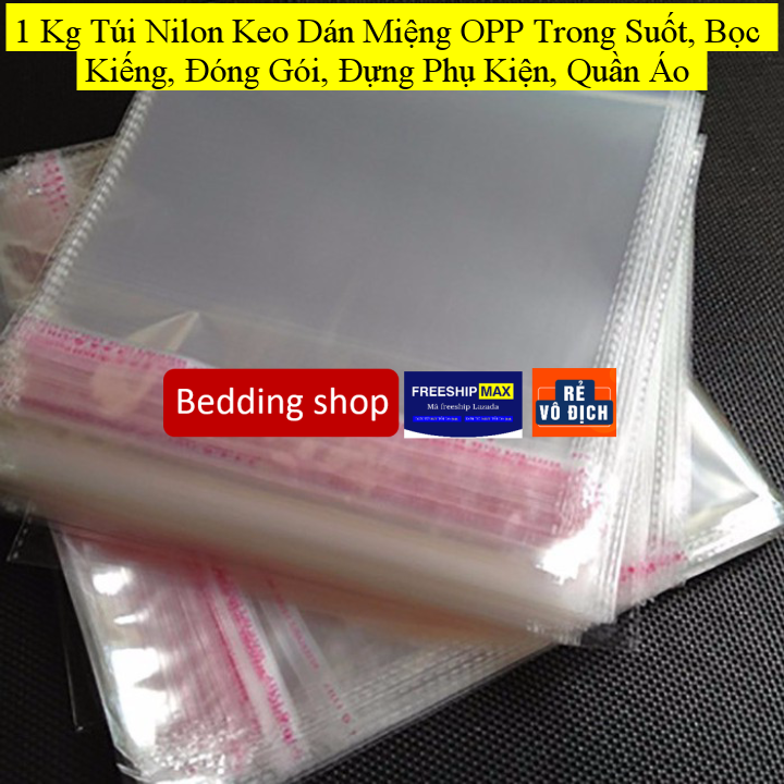 1 kg túi nilon keo dán miệng opp trong suốt, bọc kiếng, đóng gói, đựng phụ kiện, quần áo