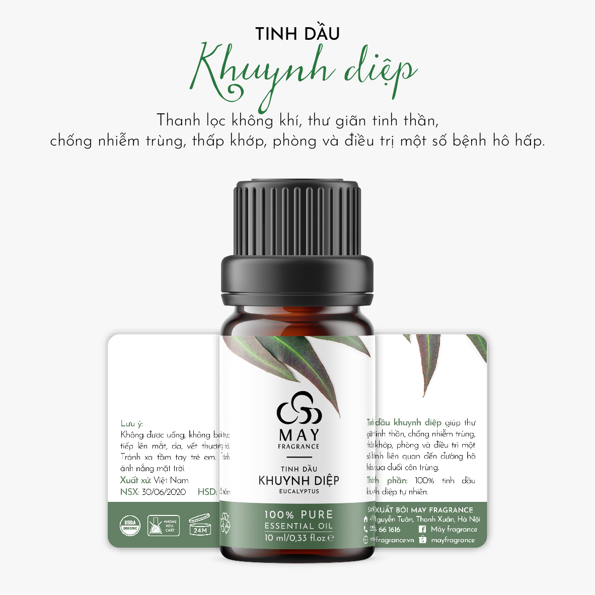 Tinh dầu Khuynh diệp thiên nhiên nguyên chất thơm phòng May Fragrance lọ 10 ml (38 loại) | Có kiểm nghiệm GC - MS