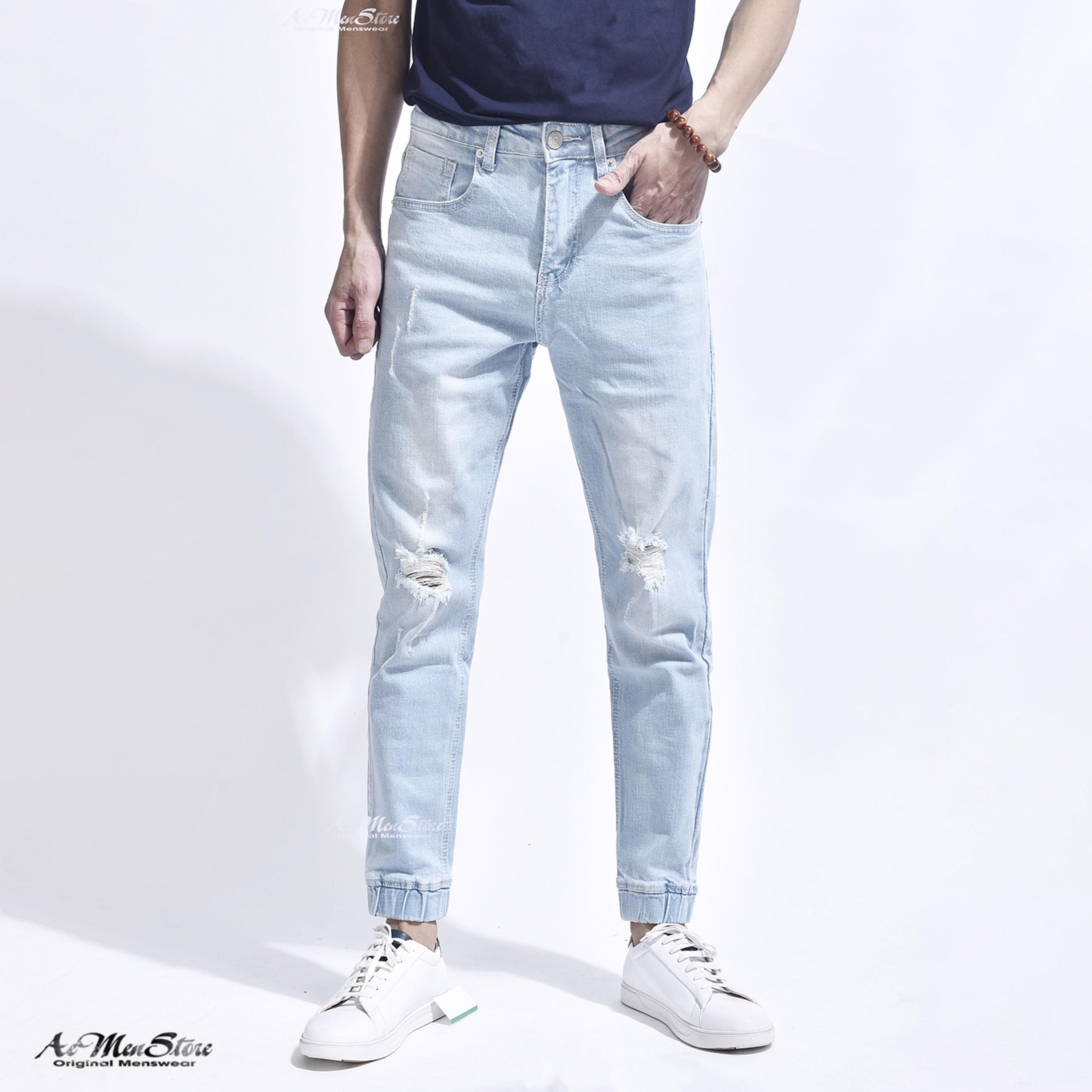 ROUTINE quần bò nam jogger dáng slimfit  ông côn màu xanh nhạt