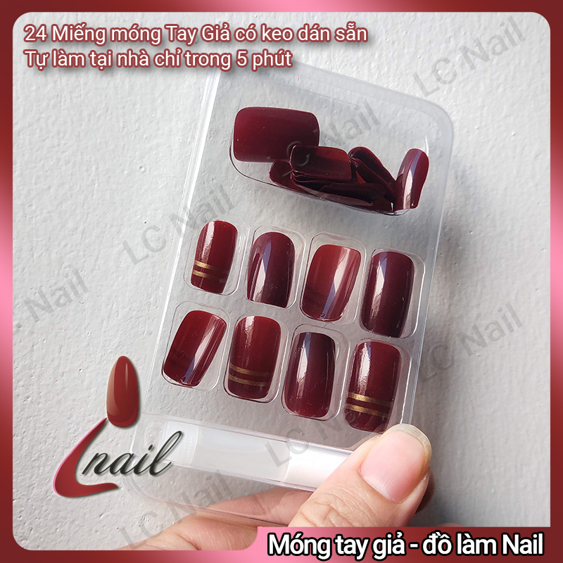 Móng giả có keo LCR019 Hộp Nails 24 Móng Tay Giả, Móng làm sẵn màu đỏ đô sang trọng - Linh Cute Shop