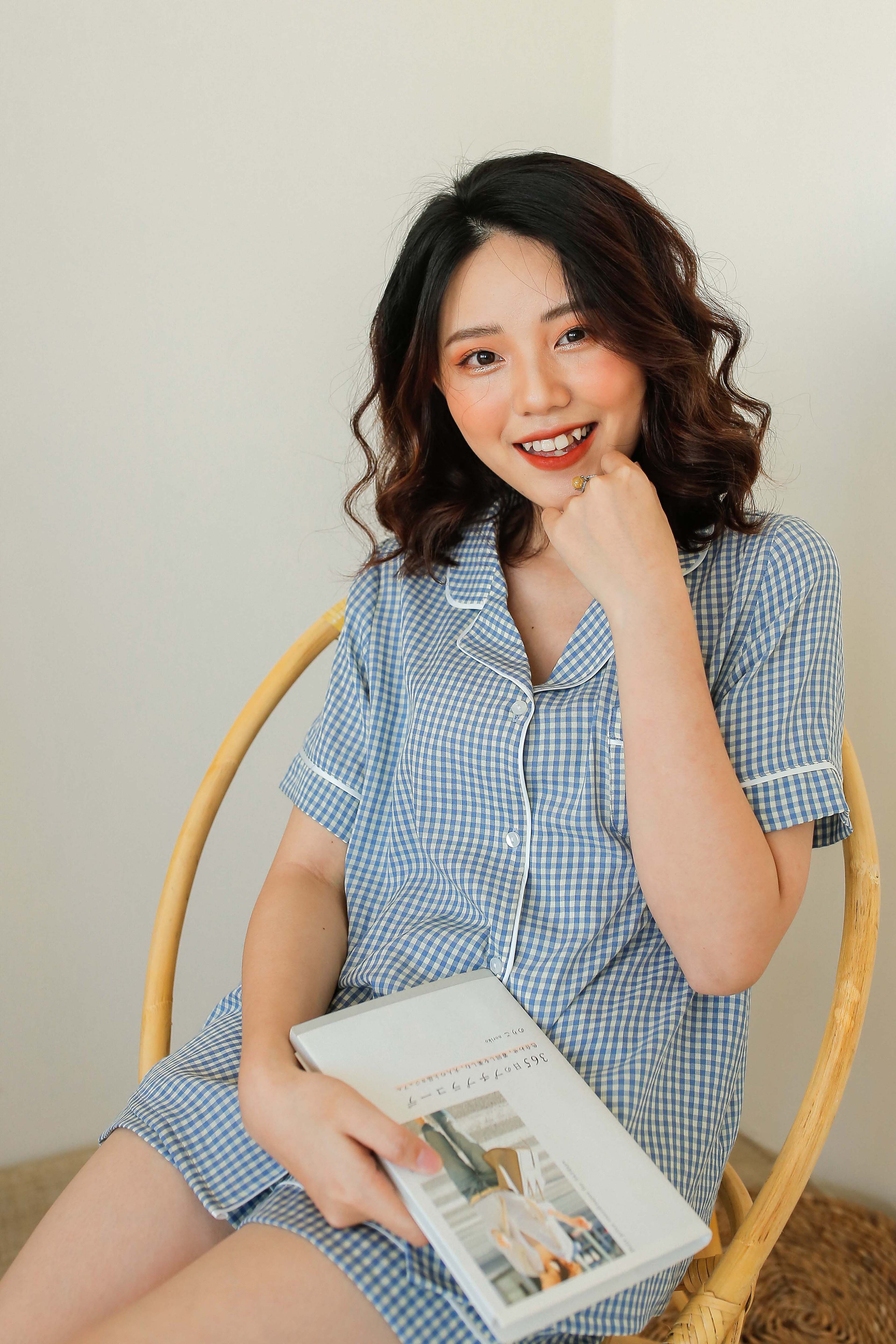 Bộ pijama thô cotton momojama họa tiết caro nhỏ - navy