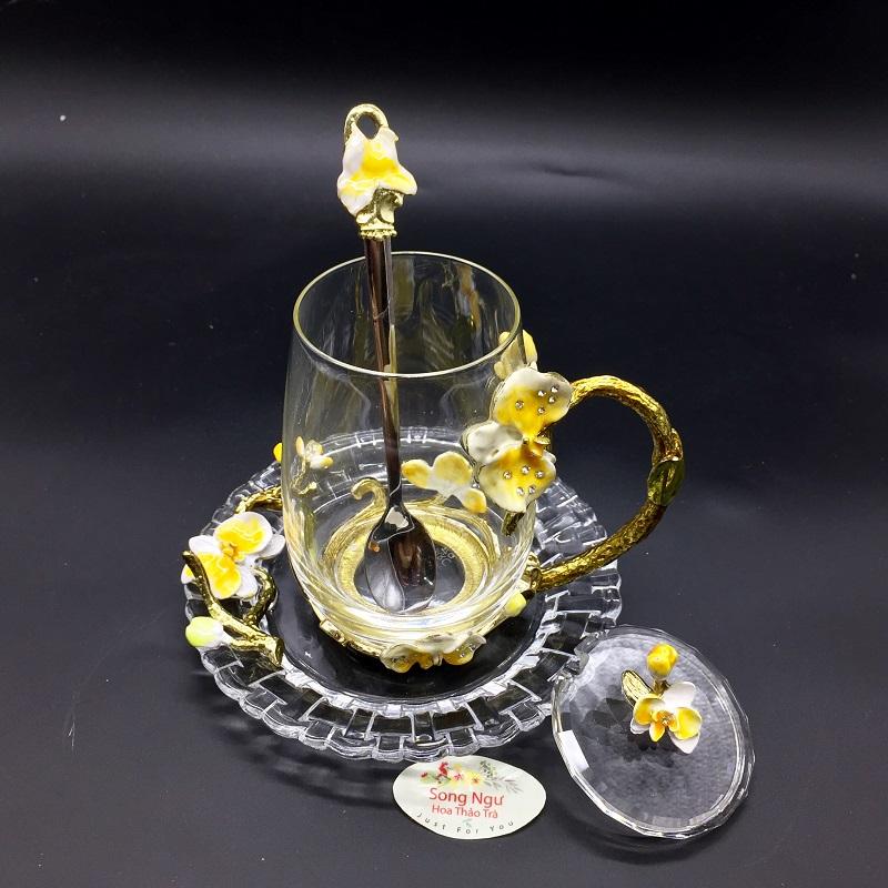 Hộp quà bộ cốc thủy tinh enamel lan hồ điệp - song ngư hoa thảo trà