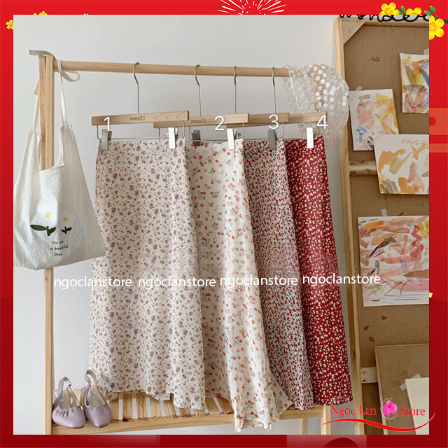 Chân váy hoa nhí họa tiết hoa đỏ trắng